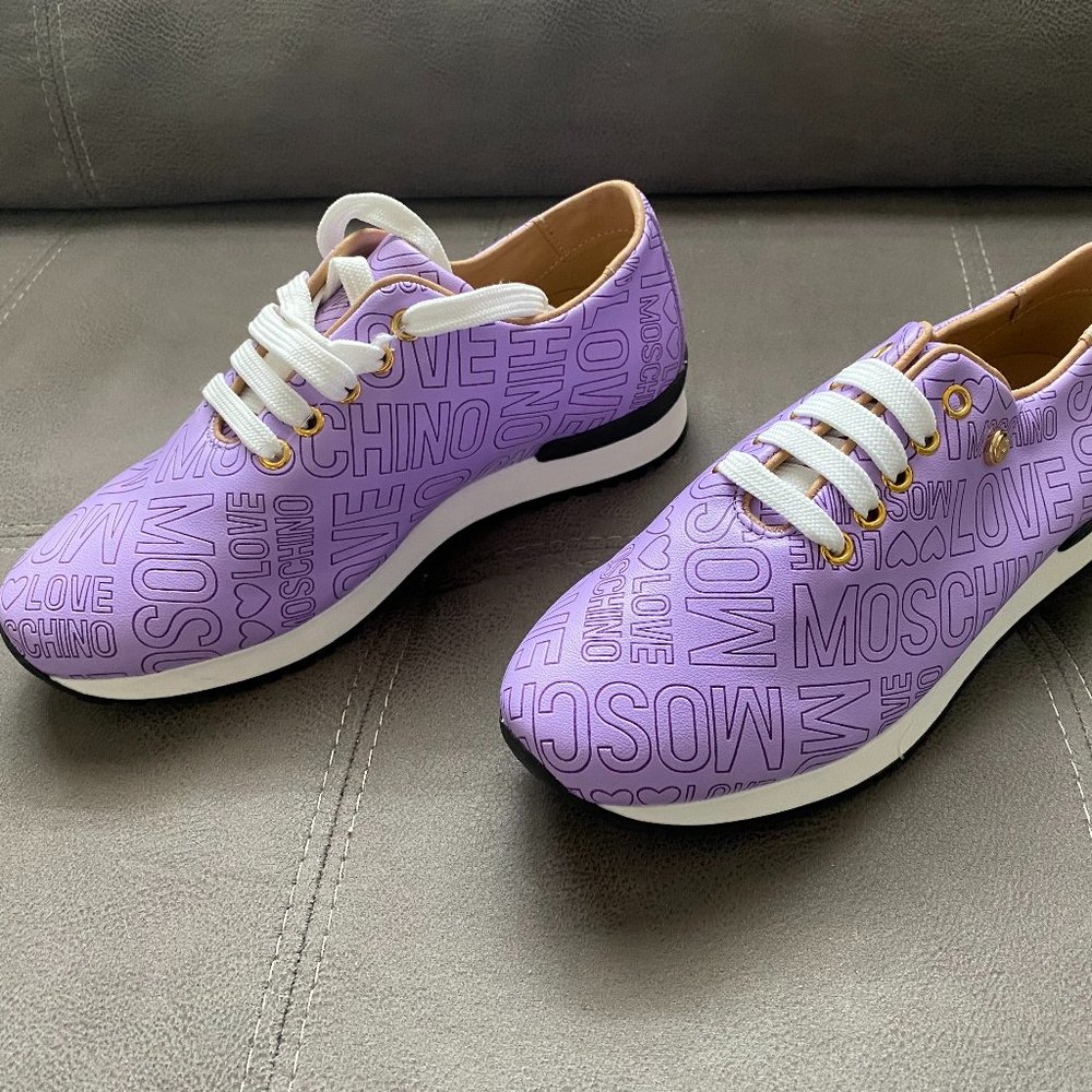 NEW Authentic Moschino Embossed Logo Leather Sneakers Purple Women Size 6